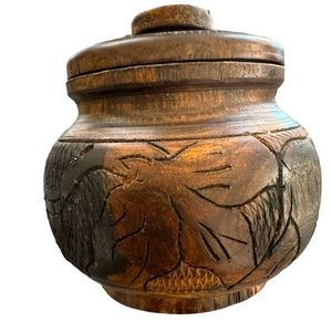 Handcarved Unique Wood Trinket Holder with Lid Elephants Decor